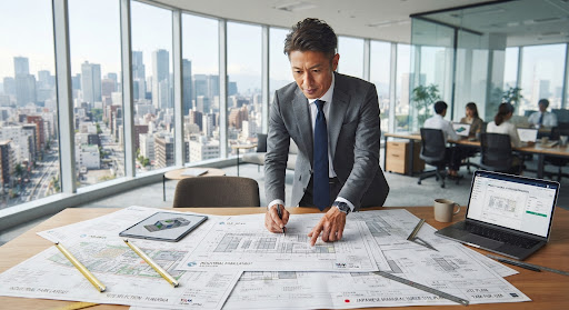 都市を望むオフィスで設計図を確認するエンジニア