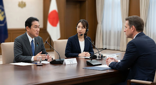 政府間の公式会議で通訳を務める担当者