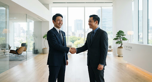 オフィスロビーで握手する日本とベトナムの経営者