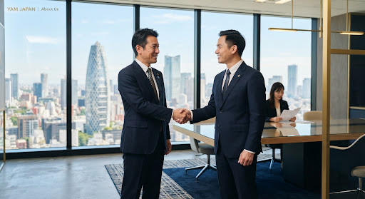 東京のオフィスで握手する日本とベトナムのビジネスパーソン
