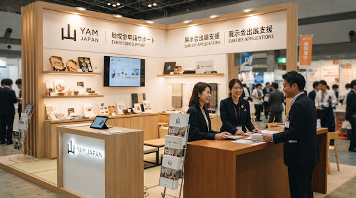 洗練された展示会ブースで来場者に対応するスタッフ